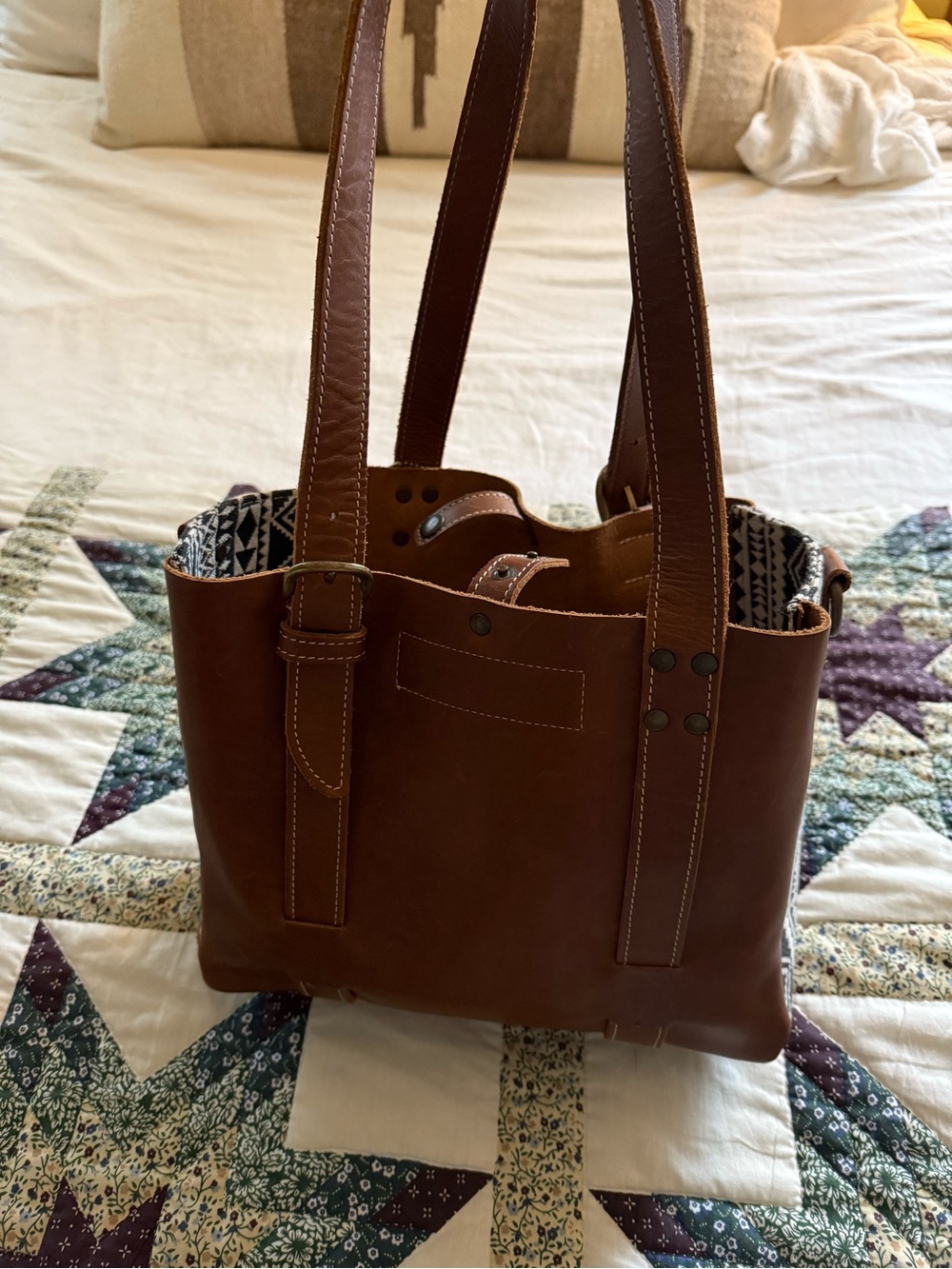 Structured Brown Leather Tote with Patterned Accent by OAK River